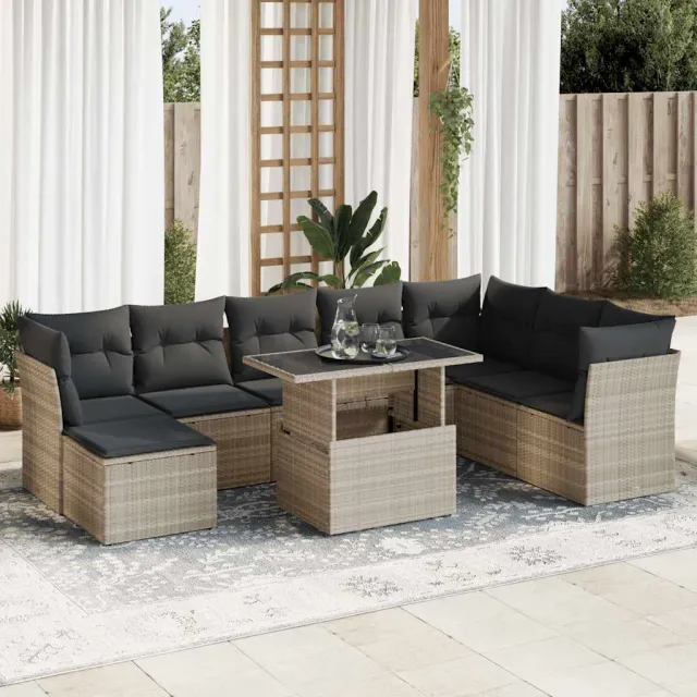 vidaXL 9-delige Loungeset met kussens poly rattan lichtgrijs