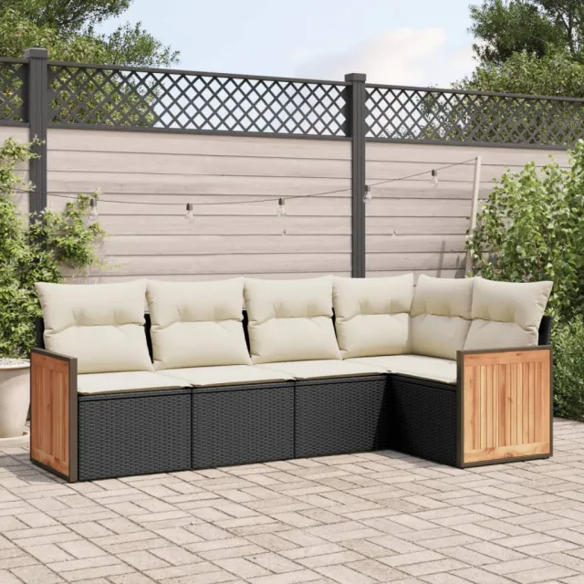 vidaXL 5-delige Loungeset met kussens poly rattan zwart, foto 2