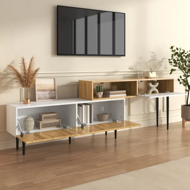 OKWISH TV-Meubel - Modulair 2-Delig - 3 Deuren - Verstelbare Lengte 120+120 cm - Houtlook + Mat Wit - Zwarte Poten - Kabeldoorvoering - Draagkracht 60 kg