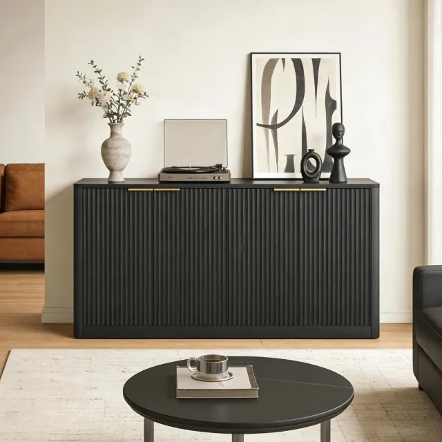 MODFU Sideboard - Golffront En 4 Deuren - Modern - Voor Woonkamer Of Keuken - MDF - Zwart - 150 Cm