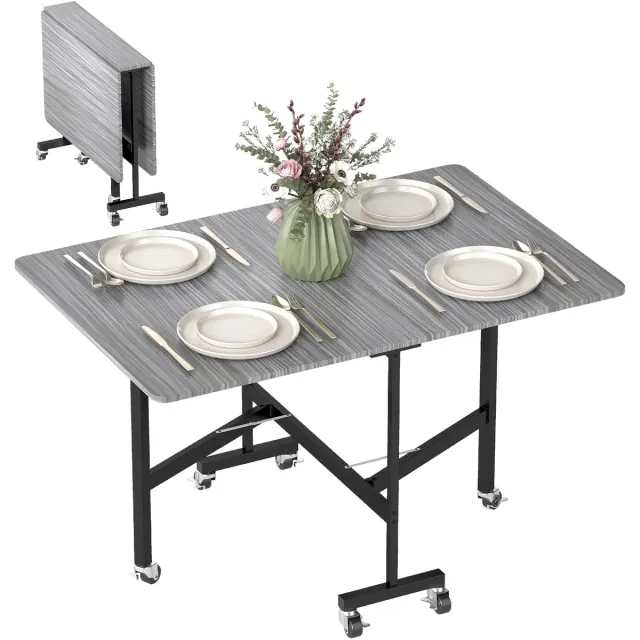 Bobbel Home Opvouwbare eettafel op wieltjes voor 4-6 personen, 120 cm, wielen met remmen, 2 uitklapbare zijkanten, industriële stijl, grijs