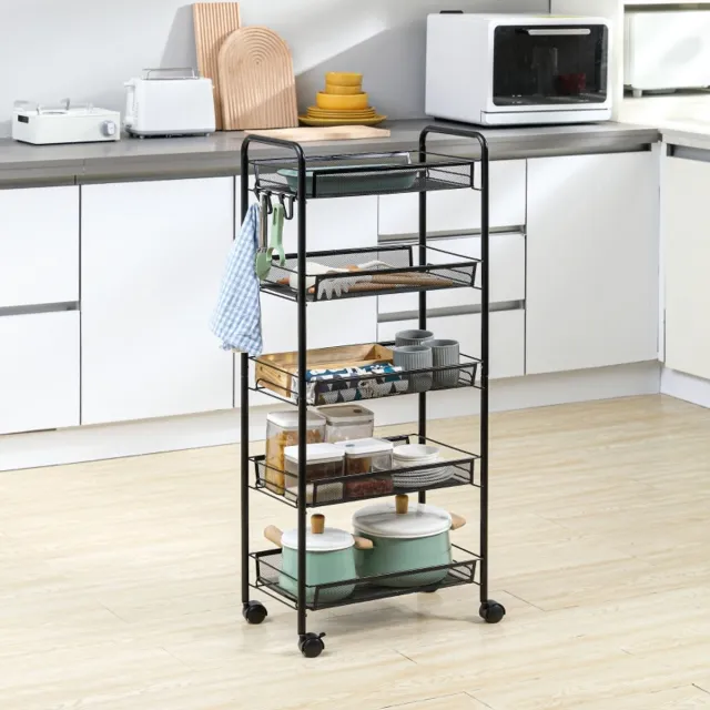 OKWISH Servierwagen Opbergruimte - 45 x 26,5 x 106 cm - Staal - Zwart - Met 5 Manden, 4 Haken En Wielen Voor Keuken En Woonkamer