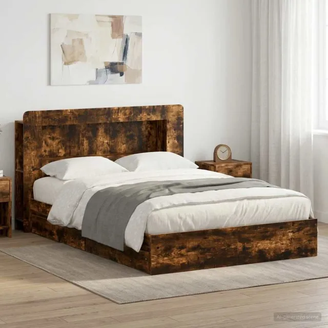 vidaXL Bedframe met opslag Gerookt eiken 135 x 190 cm Bewerkt hout Bruin