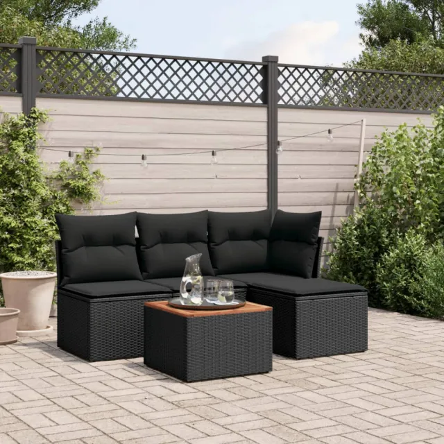 vidaXL 5-delige Loungeset met kussens poly rattan zwart, foto 2