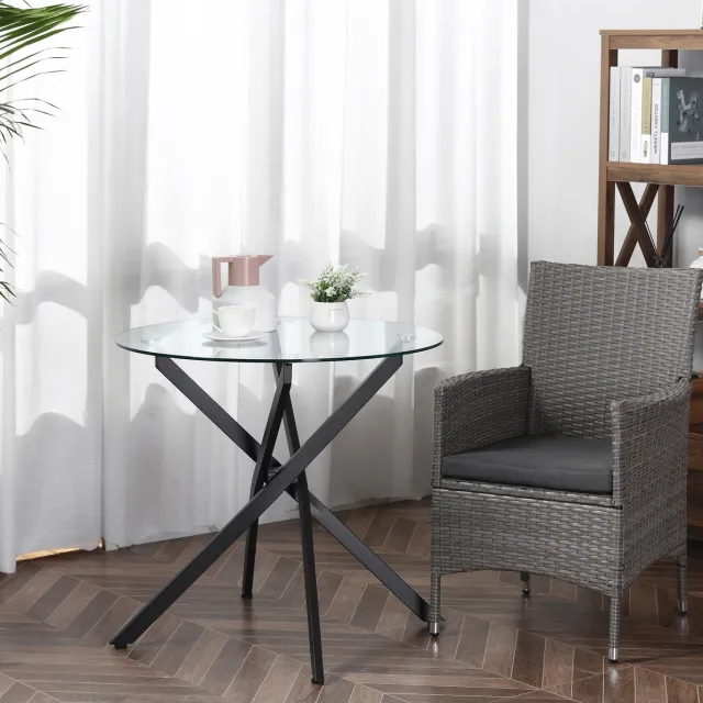 OKWISH Salontafel - Ronde Glazen Tafel - Voor Woonkamer En Eethoek - Zwart Stalen Onderstel - Veiligheidsglas - 80 x 80 x 75 cm
