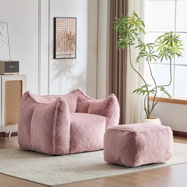 MODENUIT Fauteuil Met Hocker 126 x 100,5 x 75 cm - Schuimvulling - Voor Woonkamer - Kunstbont - Roze