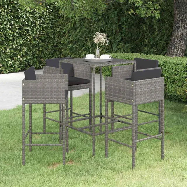 vidaXL 5-delige Tuinbarset met kussens poly rattan grijs, foto 2