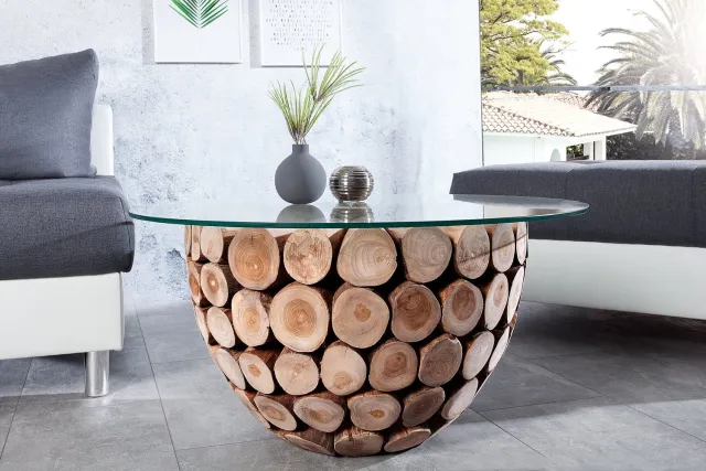 Invicta Interior Handgemaakte salontafel PURE NATURE 70cm massief teakhout rond met glazen blad - 37442-1 Zie omschrijving