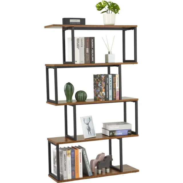 Tidak Boekenkast, staand rek met 4 niveaus, opbergrek van hout, S-vorm, industrieel design, 74 x 24 x 128 cm, decoratief rek voor planten en boeken, woonkamer, slaapkamer, kantoor, bruin