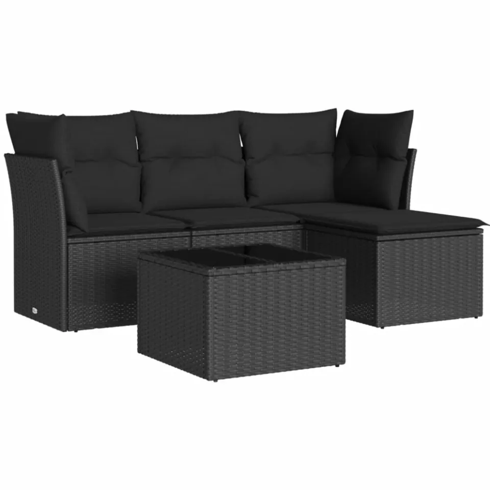 vidaXL 5-delige Loungeset met kussens poly rattan zwart, foto 3