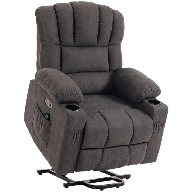 Homona Sta-opfauteuil met massagefunctie en lendenwarmte - Met USB-poorten, bekerhouder en zijvakken - 87 x 92 x 107 cm - Grijs