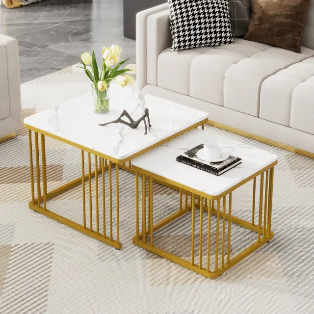 DESMIU Salontafel Set - Hoogglans Marmerlook Met Verstelbare Poten - Voor Woonkamer En Interieur - MDF - Wit - 60x60x45 En 45x45x40 Cm