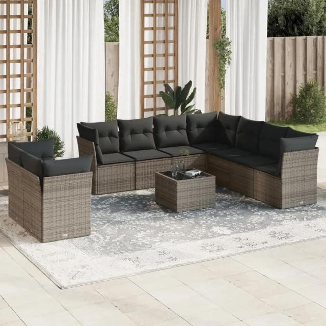 vidaXL 10-delige Loungeset met kussens poly rattan grijs, foto 2