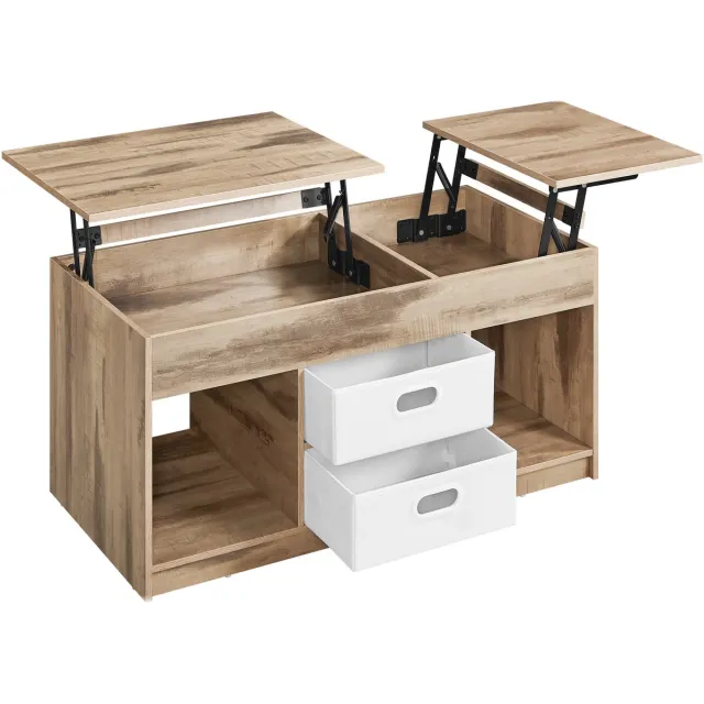 Vasagle Salontafel - Bijzettafel - Met Verhoogbaar Blad - 2 Lades - Verborgen Opbergvakken - Open Opbergruimte bruin-wit