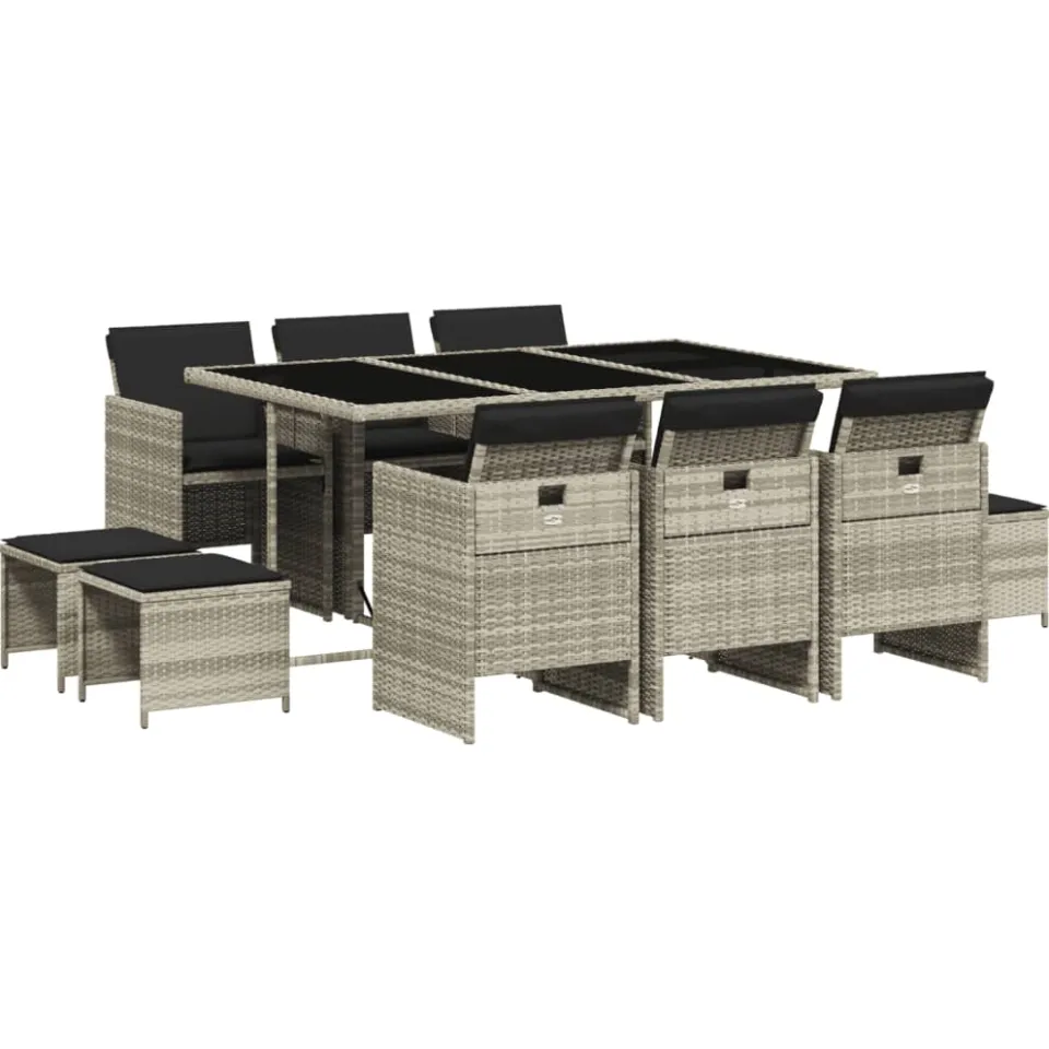 vidaXL 11-delige Tuinset met kussens poly rattan lichtgrijs