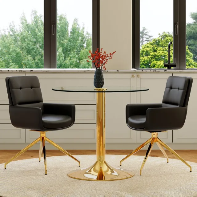 OKWISH Eethoek 85 Cm - Ronde Glazen Tafel Met 2 Draaibare Stoelen - Voor Eetkamer Of Keuken - Metaal En PU - Zwart Goud Zwart, Goud, Transparant