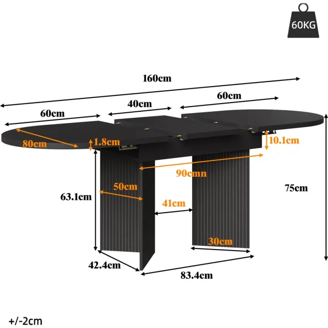 HAUSS SPOLE Eettafel - Uitschuifbaar Met Telescoopsysteem - Voor Keuken En Woonkamer - MDF Zwart - 120-160x80x75 Cm