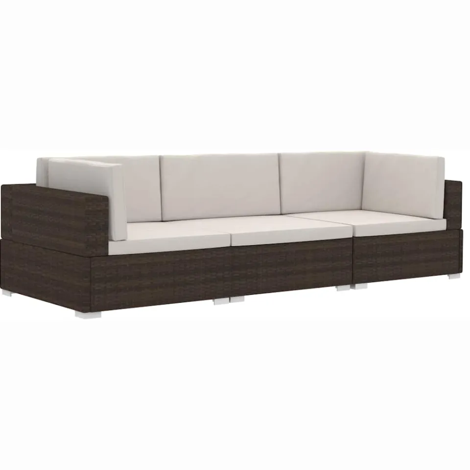 vidaXL 3-delige Loungeset met kussens poly rattan bruin, foto 3