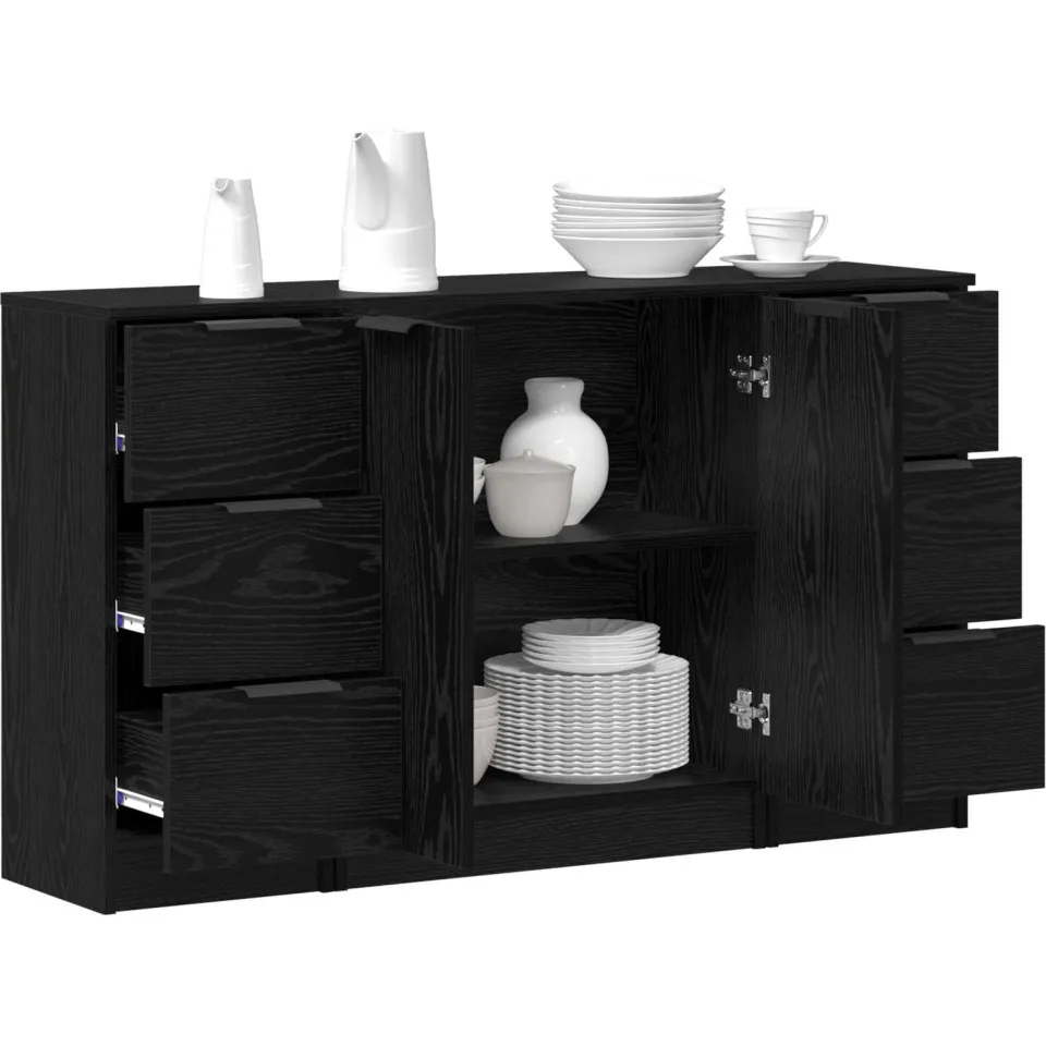 vidaXL Dressoir 3 st Zwart Eiken 121 x 30 x 70 cm Bewerkt hout