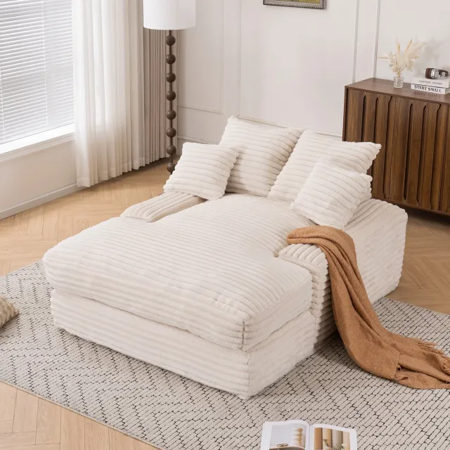 DESMIU Chaise Longue 135x165x58 Cm - Zonder Montage - Met 4 Kussens En Traagschuim - Voor Woonkamer En Ontspanning - Ribstof - Beige