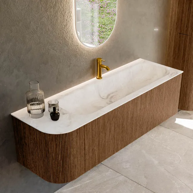 Mondiaz KURVE-DLUX 145 cm Onderkast Greeploos 1 Lade Met Deuren Walnut, Wastafel Solid Surface Rechts Frappe 1 Kraangat Zonder Spiegel (KRVBGL145L1L1D1KR-Wal/Fra)