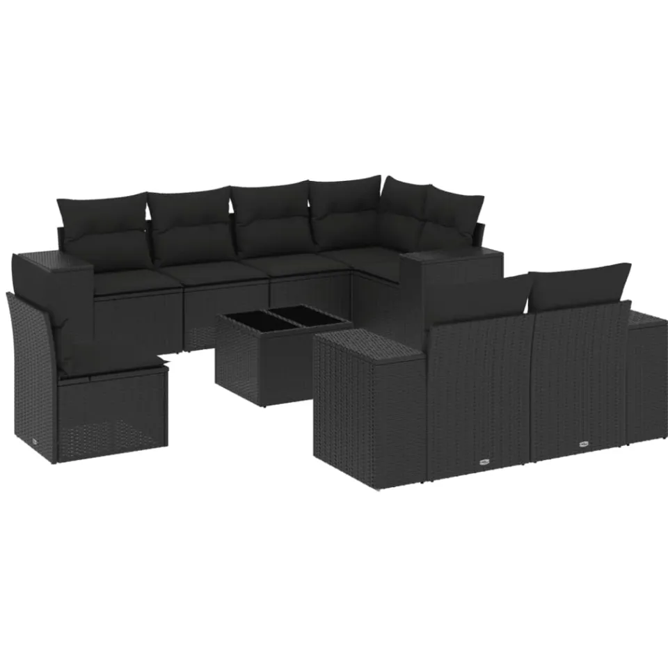 vidaXL 9-delige Loungeset met kussens poly rattan zwart, foto 3