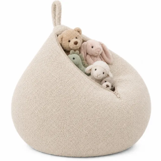 Flumi 2-in-1 - Opbergpoef - Voor Knuffels, Speelgoed en Textiel - Zonder Vulling - Teddystof - Lichtbeige