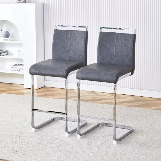 DESMIU Barkruk 96,5 cm - Set van 2 Met Rugleuning En Voetensteun - Voor Keuken, Bar En Restaurant - Kunstleer En Metaal - Donkergrijs Zilver