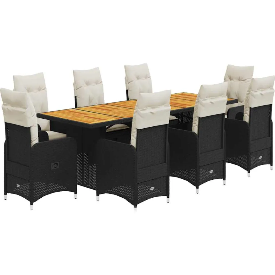 vidaXL 9-delige Bistroset met kussens poly rattan zwart