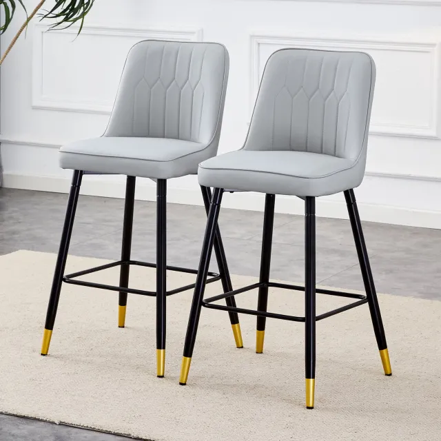 DantefHandels Barkrukken Set van 2, 100 cm, Lichtgrijs PU-leer, Zwart Metalen Onderstel, Voetsteun, comfortabel zitcomfort, geschikt voor keuken, kookeiland, bartafel en bar zwart, light gray