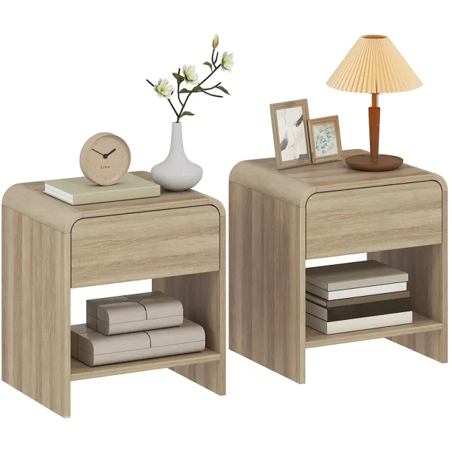 NAYVEN BLU Set van 2 Nachtkastjes - Scandinavisch Design - Afgeronde Hoeken - Lade en Open Vak - Naturel - 40x35x45 cm