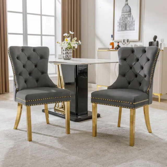 Welltin Eetkamerstoel - Set Van 2 - Grijs - Fluweelachtig materiaal - Metalen Poten - Eetkamerstoelen - Verstelbare voetjes - Keukenstoel - Draagvermogen 150KG - Scandinavisch Design