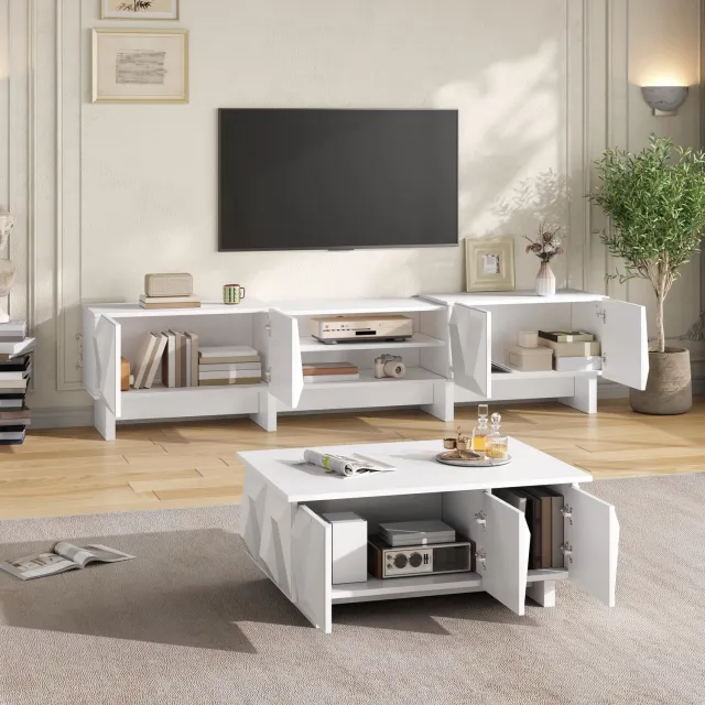 FloraGrace Woonkamerset - Tv-Meubel En Salontafel Met Reliëf - Opbergruimte Voor Woonkamer - Spaanplaat - 180x34x44,5 Cm - Wit
