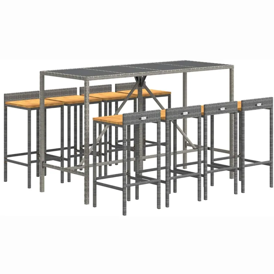 vidaXL 9-delige Tuinbarset poly rattan en massief acaciahout grijs