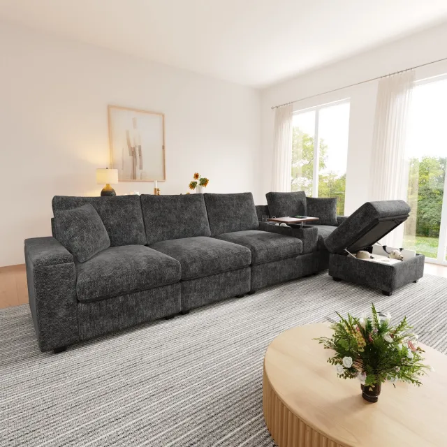 MIVRAY Hoekbank 313 x 147 x 82 cm - Modulair Met Opbergruimte En Laadpoorten - Voor Woonkamer En Slaapkamer - Chenille Grijs