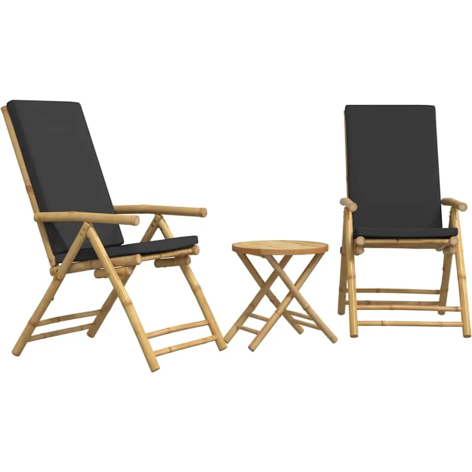vidaXL 3-delige Bistroset inklapbaar met kussens bamboe donkergrijs bruin, foto 4