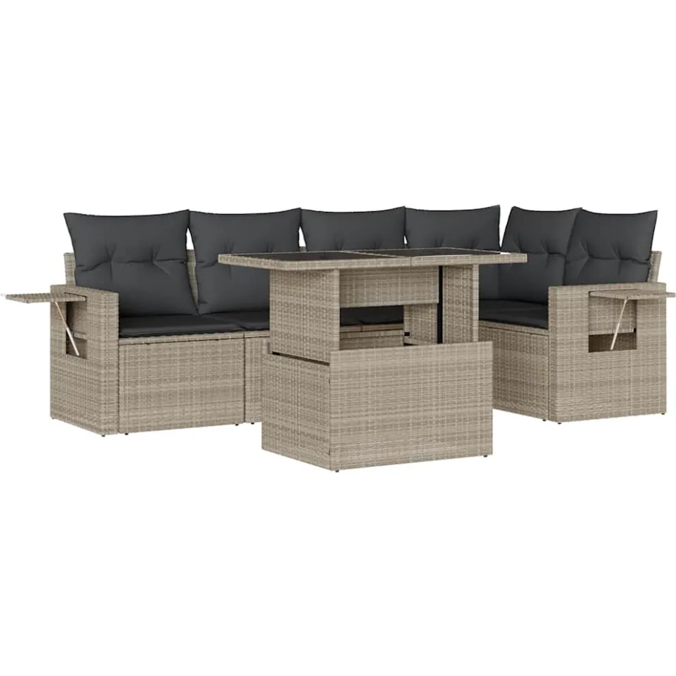 vidaXL 6-delige Loungeset met kussens poly rattan lichtgrijs grijs, foto 3