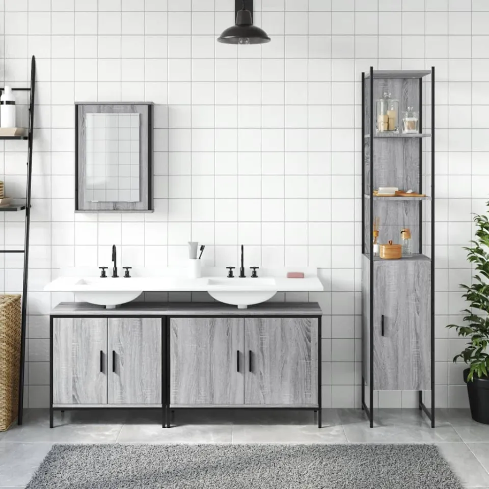 vidaXL 4-delige Badkamermeubelset bewerkt hout grijs sonoma eikenkleur, foto 2
