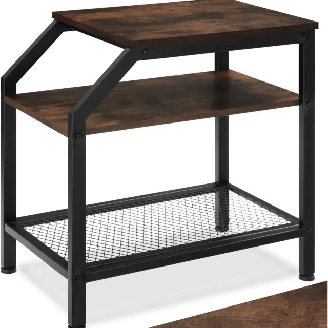 Tectake Bijzettafel met 2 planken en roosterplank - Nachtkastje in industrieel design - Voor woonkamer, slaapkamer, kantoor, hal - Eenvoudige montage - Zwart metalen frame - Afmeting (LxBxH) 36,5 x 58,5 x 59,5 cm - Donkerbruin