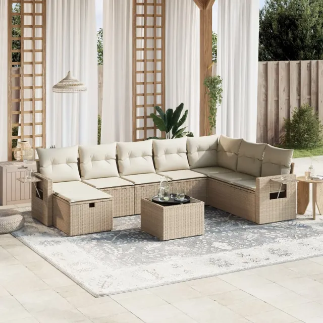 vidaXL 9-delige Loungeset met kussens poly rattan beige, foto 2