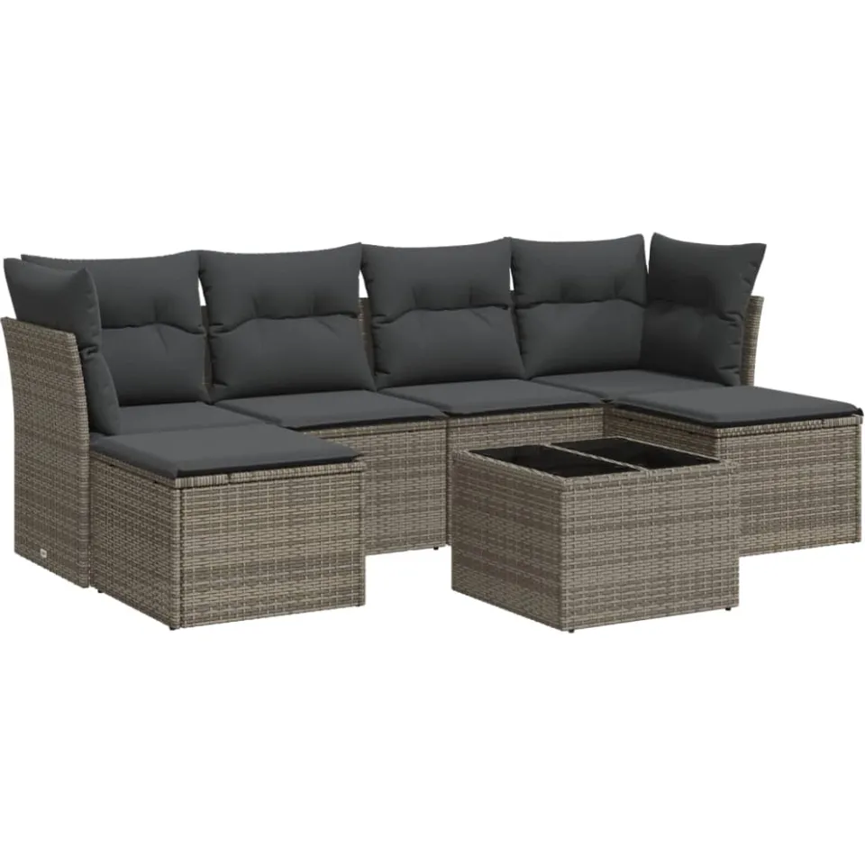 vidaXL 7-delige Loungeset met kussens poly rattan grijs, foto 3