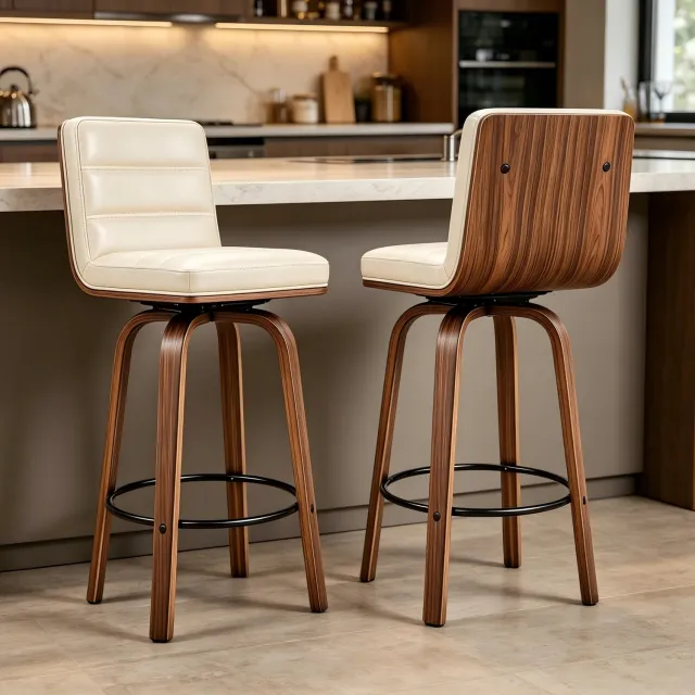 MODFU Barkruk Set Van 2 - 360° Draaibaar - Met Rugleuning - Hout En Kunstleer - Crème