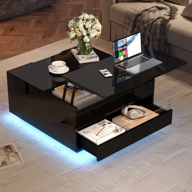 Pugsdrly Salon salontafel 70*70*38 cm, salontafel met LED-verlichting, salontafel met 1 lade, glanzende bijzettafel met verborgen opbergruimte en opklapbare deuren, zwart