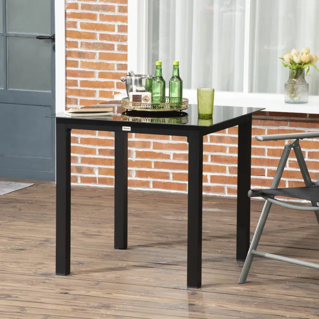 FloraGrace Tuintafel - Vierkante Eettafel Voor 4 Personen Met Gehard Glazen Blad - Voor Tuin Balkon En Terras - Aluminium - 80x80x74 Cm - Zwart