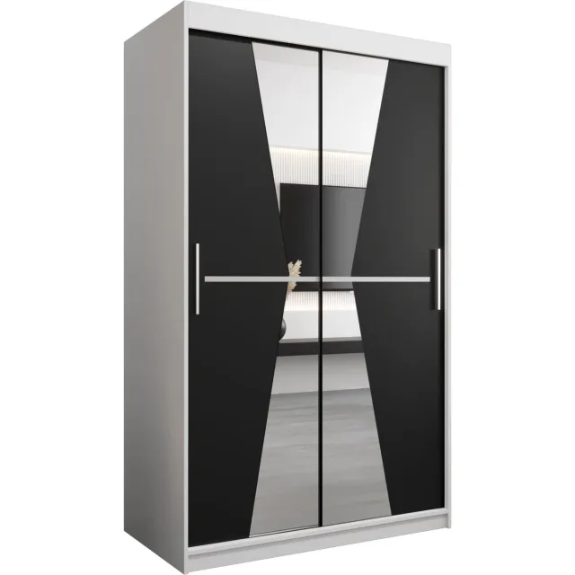 InspireME Kledingkast met 2 schuifdeuren, Modern-stijl, Een kledingkast met planken en een spiegel (BxHxD): 120x200x62 - TOTO 120 Wit Mat + Zwart met 2 lades