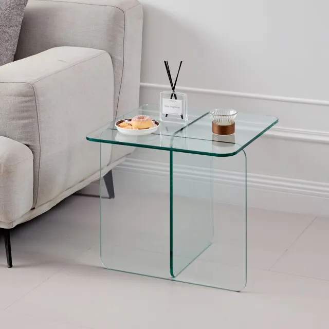 FloraGrace Bijzettafel - Gebogen Gehard Glas - Voor Woonkamer Kantoor En Buiten - Transparant Glas - 45x45x51 cm - Helder Clear
