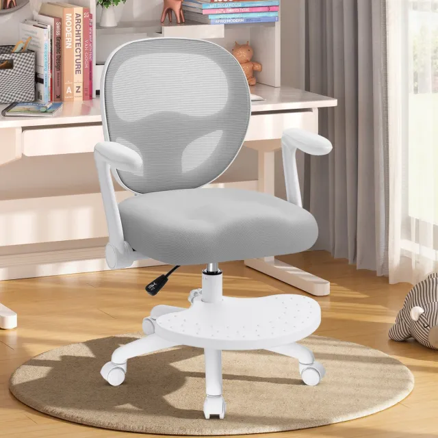 Hoffree Ergonomische Kinder Draaistoel met Opklapbare Armleuningen & Voetensteun, Ademend Netwerk, Grijs, voor Jongens en Meisjes Blauw