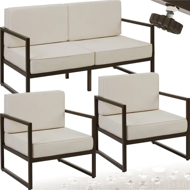 Tectake Tuin-loungeset Comosa - Voor 4 personen - Tuinset - Loungebank en twee tuin fauteuils - Waterafstotende en ultradikke zit-en rugkussens - Draagkracht 120kg per zitplaats - Bruin/beige Loungebank en 2 stoelen