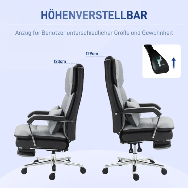 FloraGrace Ergonomische Bureaustoel 63 x 71 x 123-129 Cm - Verstelbaar Met Voetsteun - Voor Thuis En Werk - Kunstleer - Grijs
