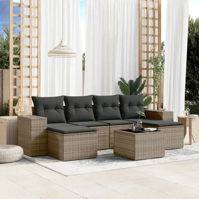 vidaXL 7-delige Loungeset met kussens poly rattan grijs, foto 2